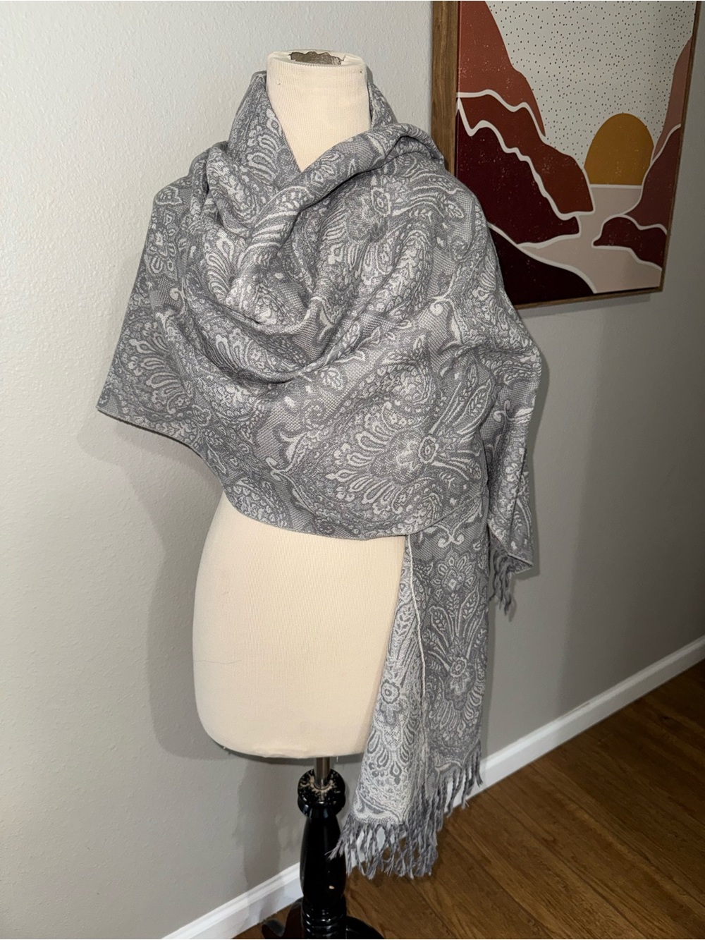 Pendleton grey paisley jacquard pattern and fringe scarf/wrap